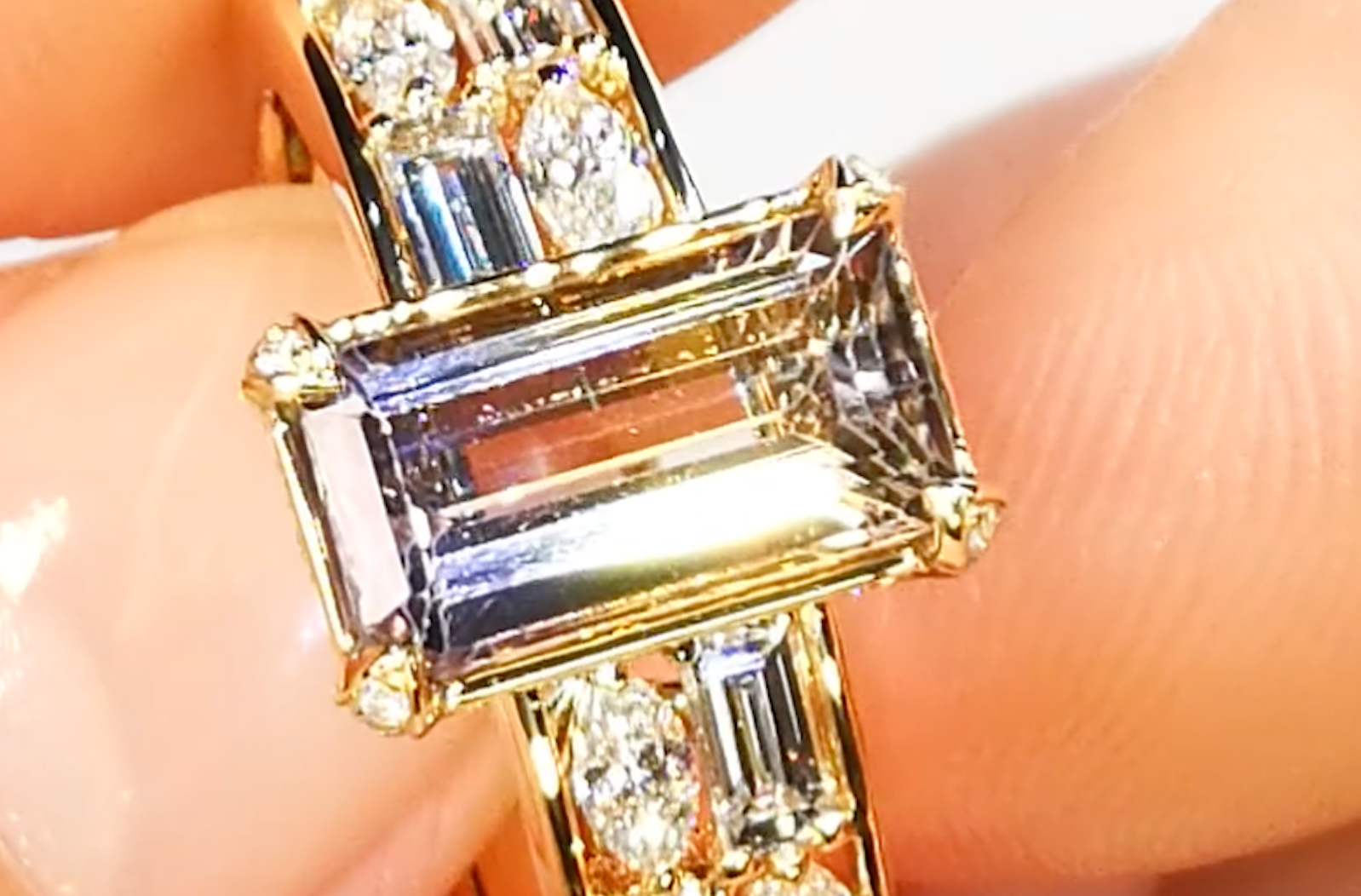 2.48ct Unheated Bi Color Tanzanite Ring with D Flawless Diamonds set in 18K Yellow Gold
