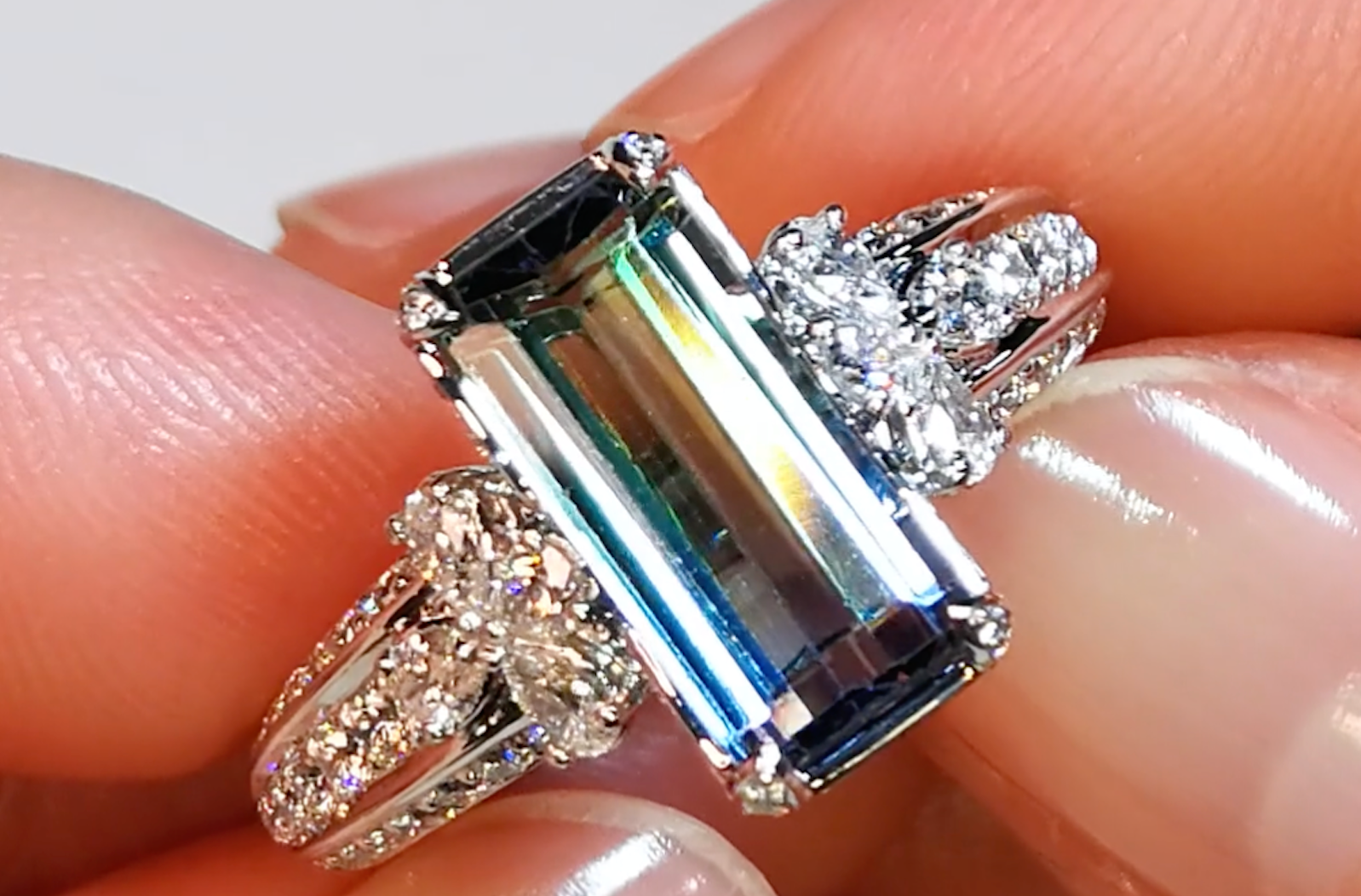 3.74ct Unheated Bi Color Tanzanite Ring with D Flawless Diamonds set in 18K White Gold