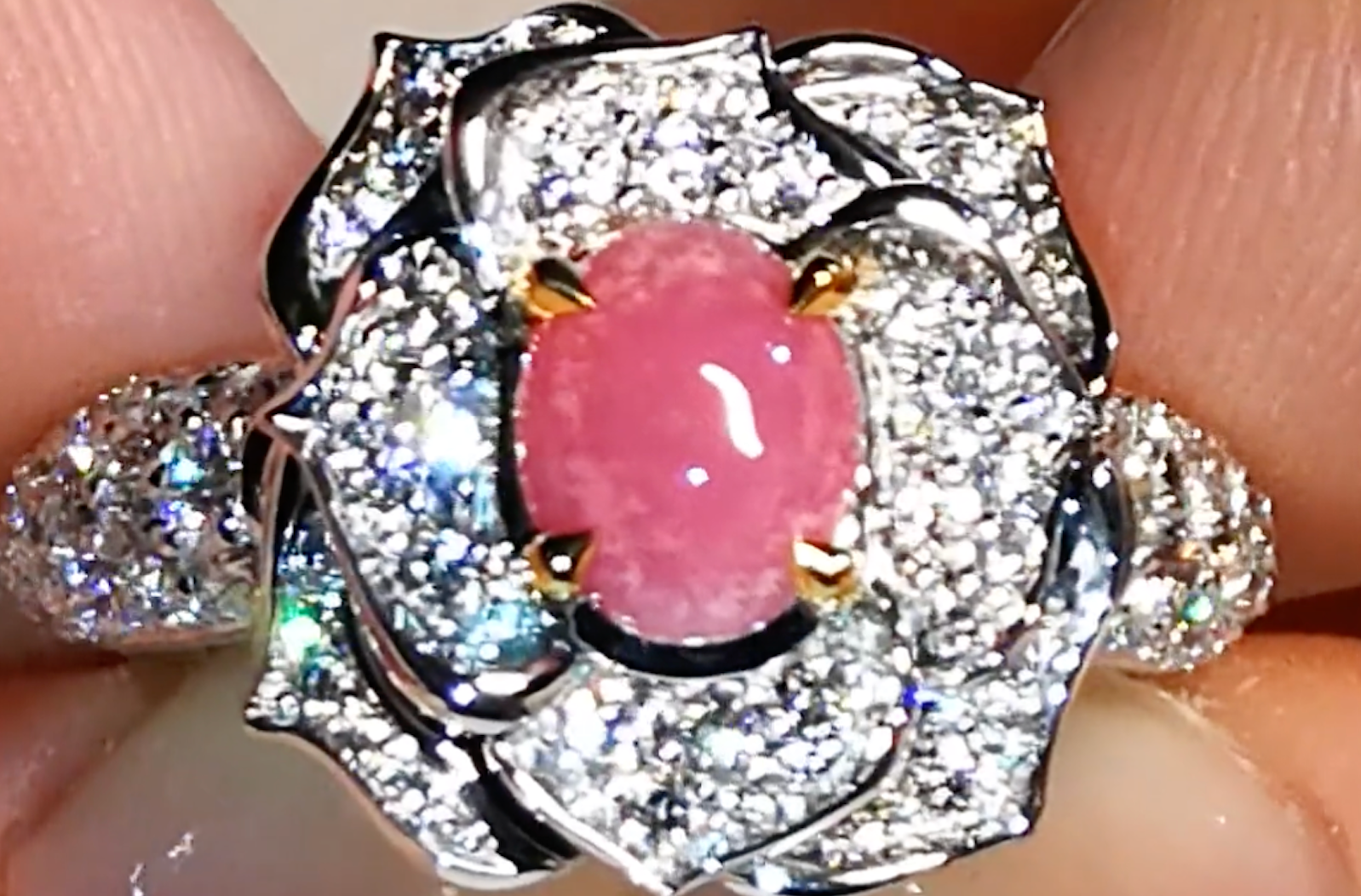 1.80ct Natural Flamingo Gem Conch Pearl Ring with D Flawless Diamonds set in 18K White Gold
