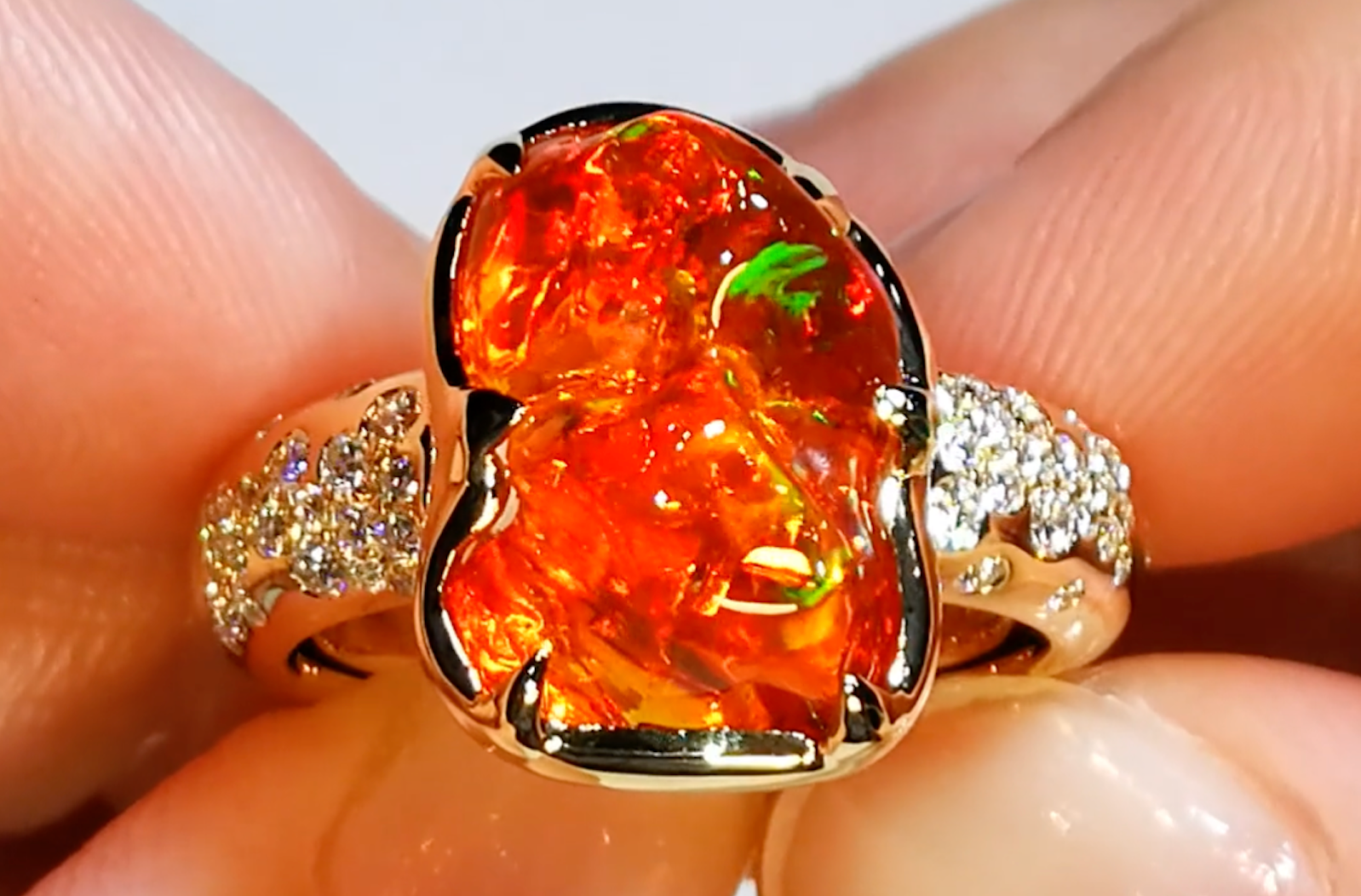 5.15ct Natural Free Form Mexican Opal Ring with D Flawless Diamonds set in 18K Yellow Gold