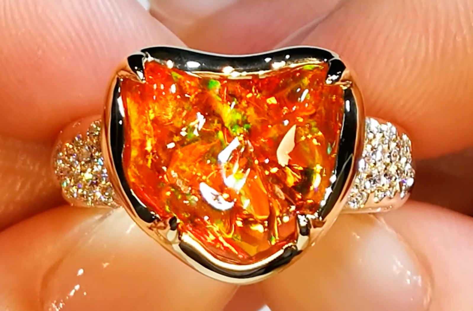 4.30ct Natural Free Form Mexican Opal Ring with D Flawless Diamonds set in 18K Yellow Gold