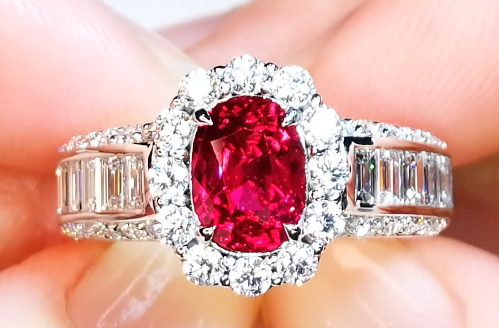 2.17ct Neon Unheated Jedi Ruby Ring with D Flawless Diamonds set in 18K White Gold