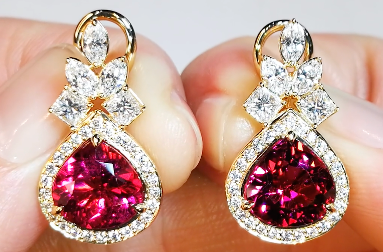 5.33ct Cruzeiro Rubellite Earrings with D Flawless Diamonds set in 18K Yellow Gold