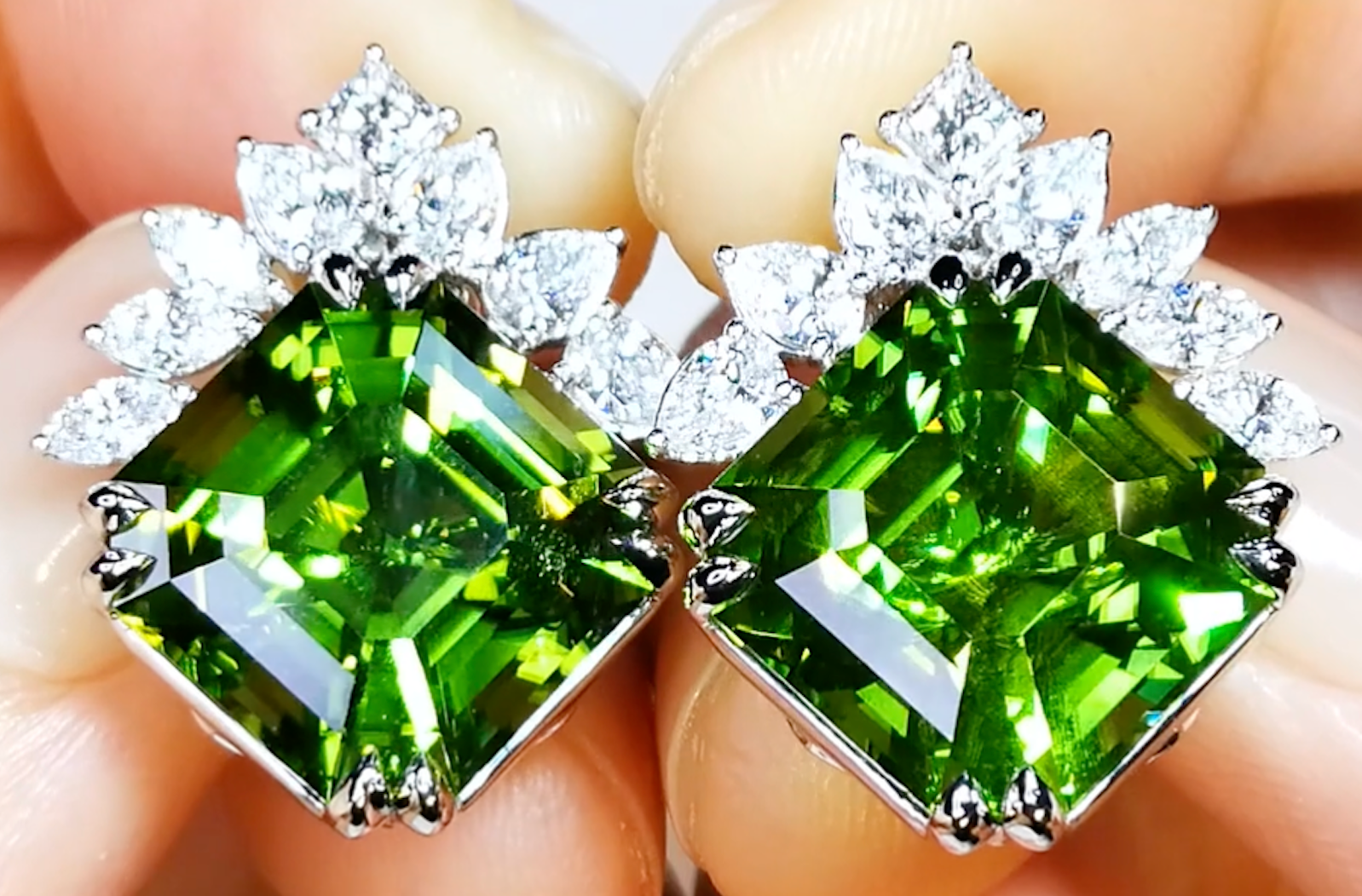 23.20ct Zarbagad Peridot Earrings with D Flawless Diamonds set in 18K White Gold