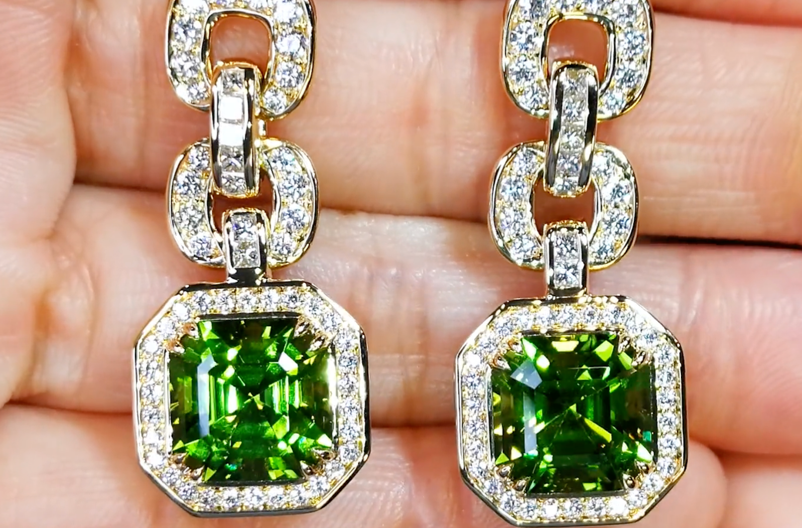 10.51ct Zarbagad Peridot Earrings with D Flawless Diamonds set in 18K Yellow Gold