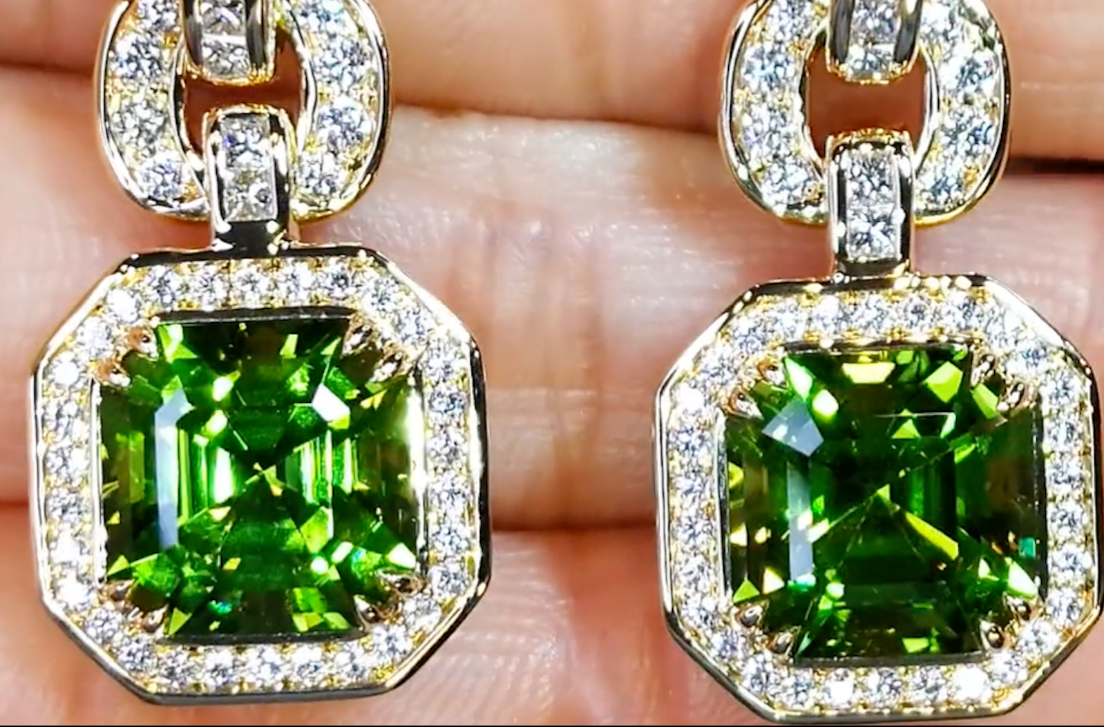 10.51ct Zarbagad Peridot Earrings with D Flawless Diamonds set in 18K Yellow Gold