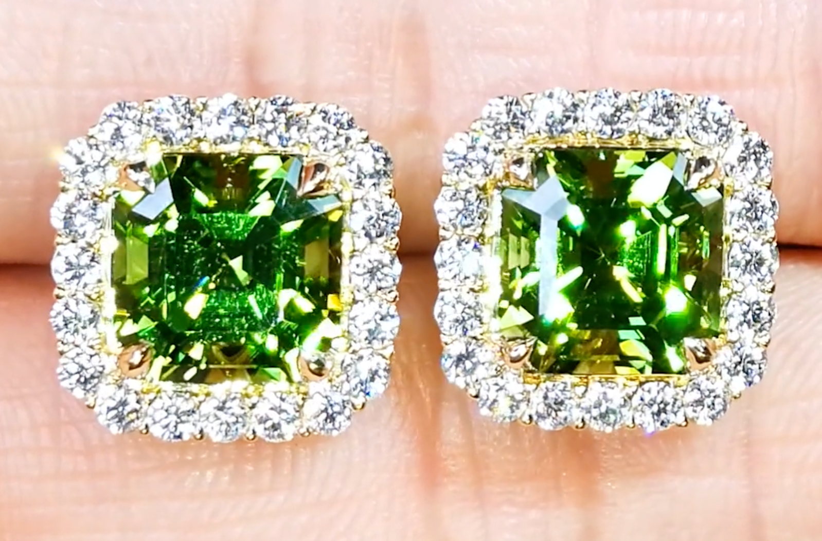 6.53ct Zarbagad Peridot Earrings with D Flawless Diamonds set in 18K Yellow Gold