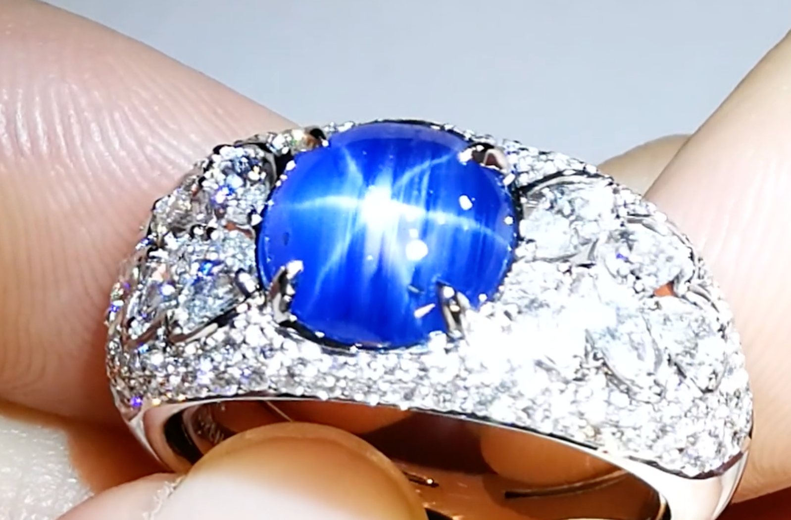 2.95ct Unheated Mogok Burma Star Sapphire Ring with D Flawless Diamonds set in 18K White Gold
