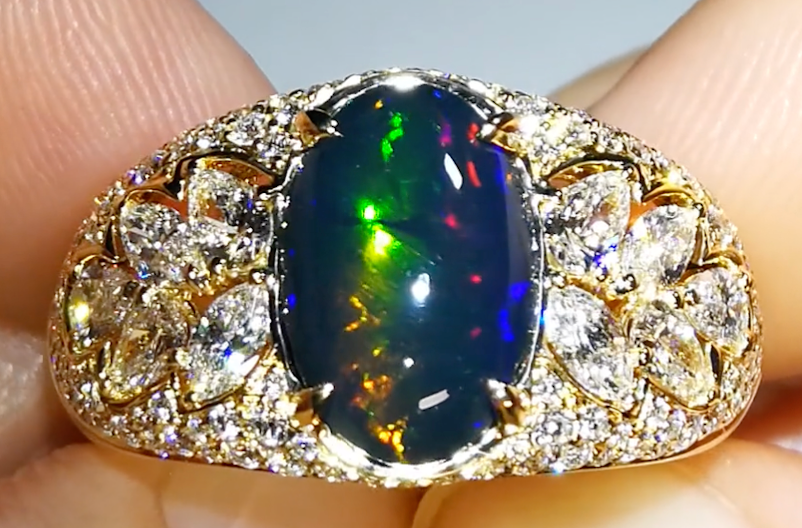1.99ct Lightning Ridge Cats Eye Black Opal Ring with D Flawless Diamonds set in 18K Yellow Gold