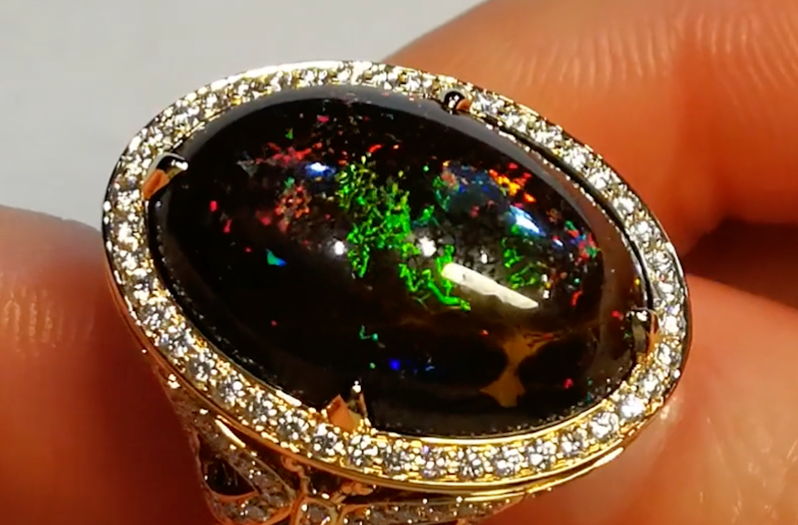 20.11ct Lightning Ridge Black Boulder Opal Ring with D Flawless Diamonds set in 18K Yellow Gold