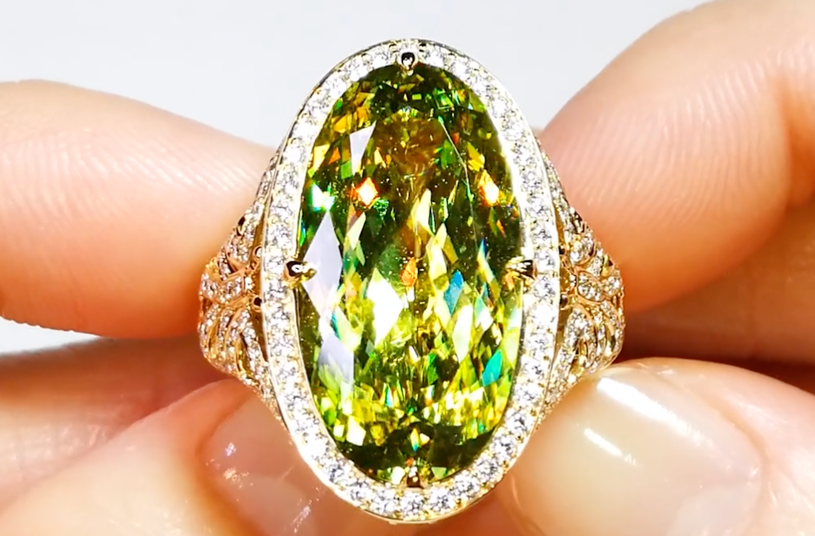 12.70ct Russian Sphene Ring with D Flawless Diamonds set in 18K Yellow Gold