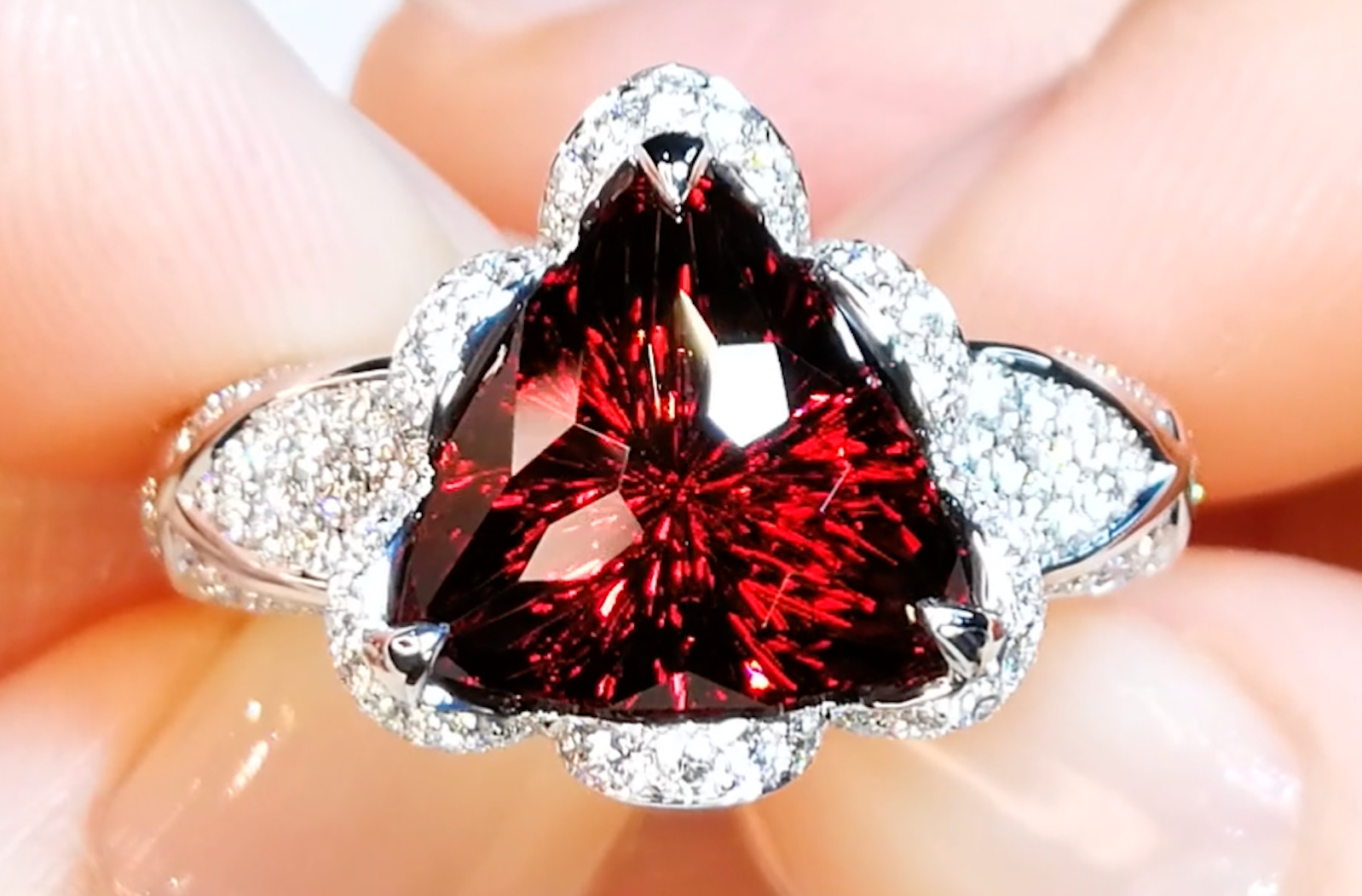 6.72ct Malaya Garnet Ring with D Flawless Diamonds set in 18K White Gold