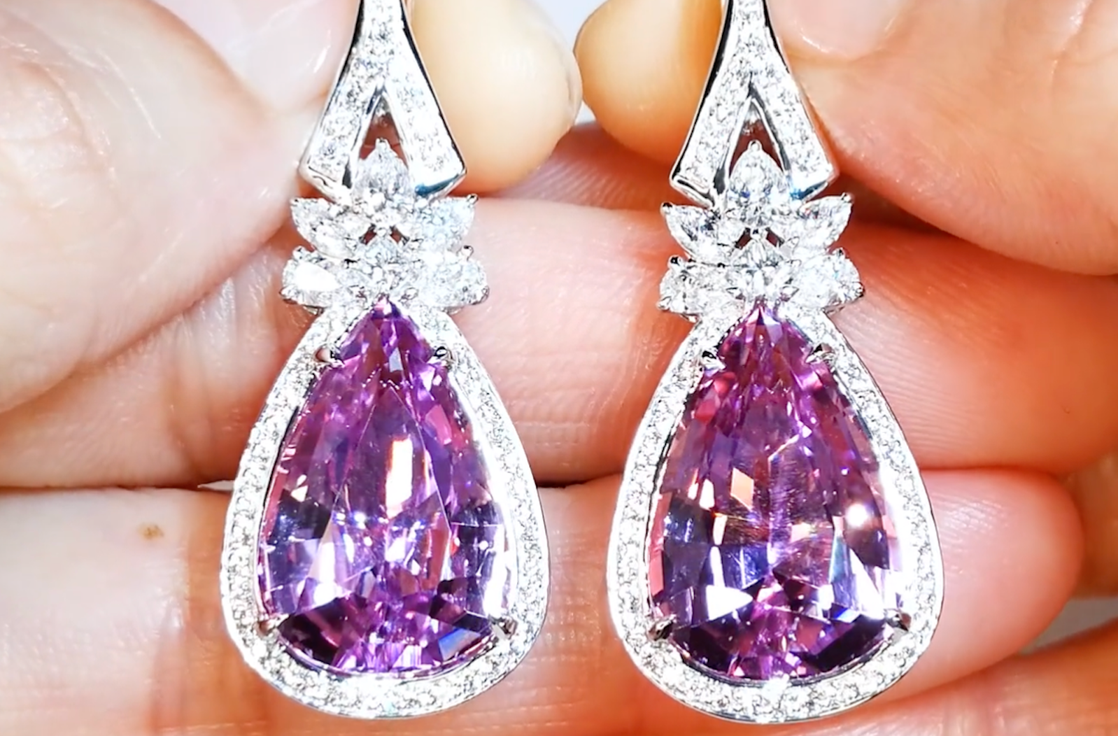 23.66ct Patroke Kunzite Earrings with D Flawless Diamonds set in 18K White Gold