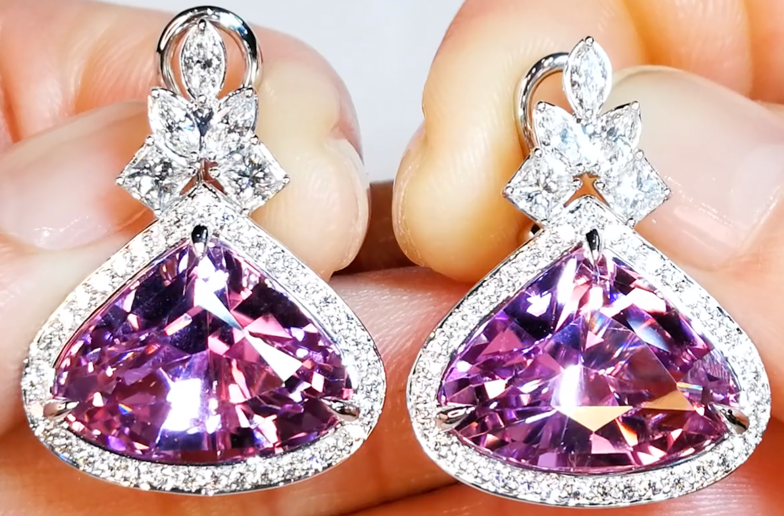 26.25ct Patroke Kunzite Earrings with D Flawless Diamonds set in 18K White Gold