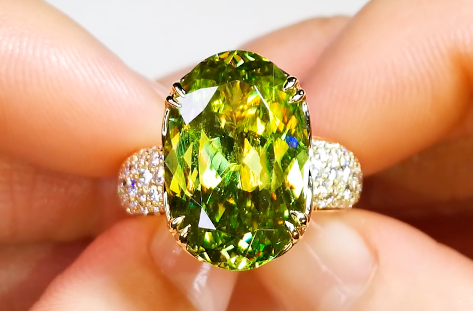 10.96ct Russian Sphene Ring with D Flawless Diamonds set in 18K Yellow Gold