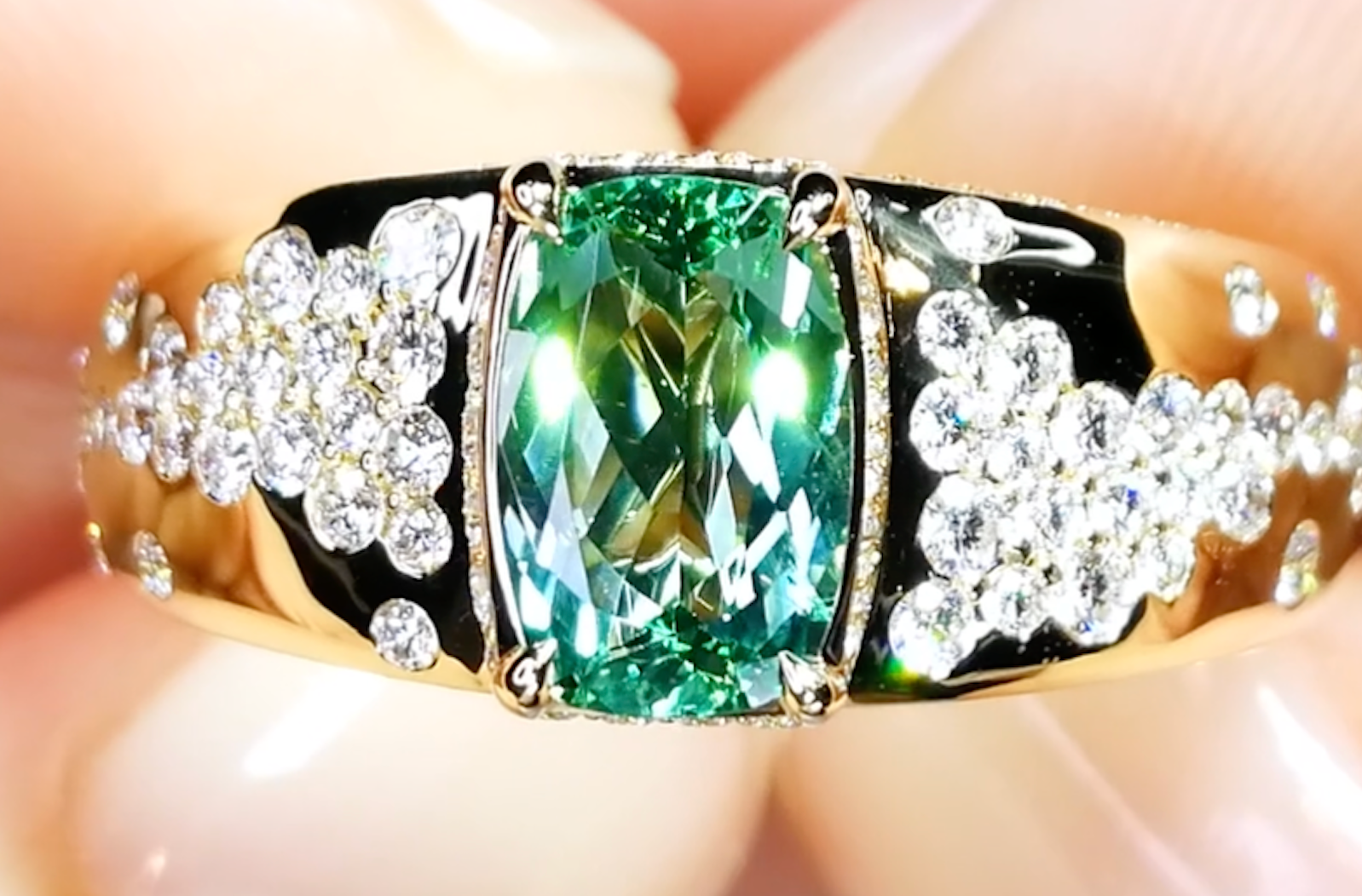 1.19ct Prismatine Ring with D Flawless Diamonds set in 18K Yellow Gold