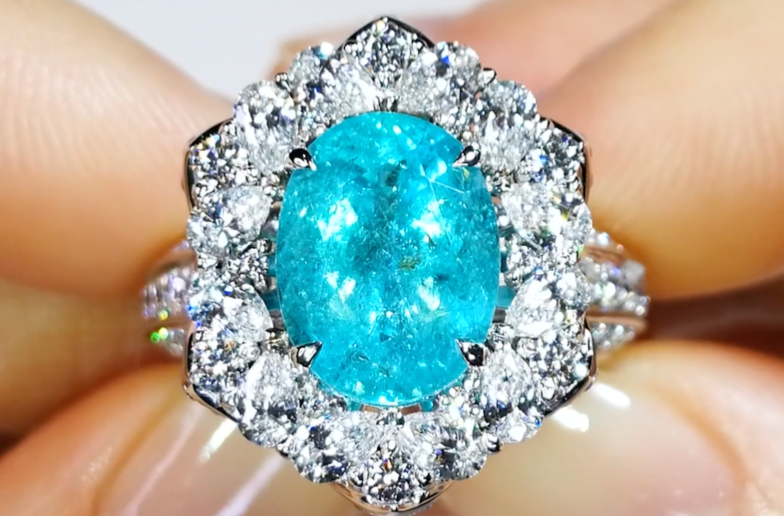 4.08ct Neon Brazilian Paraiba Ring with D Flawless Diamonds set in 18K White Gold
