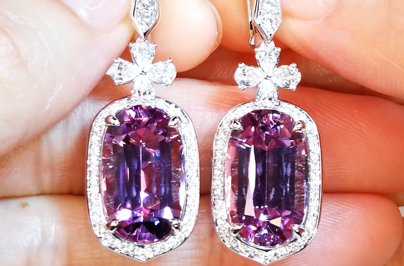 20.39ct Patroke Kunzite Earrings with D Flawless Diamonds set in 18K White Gold