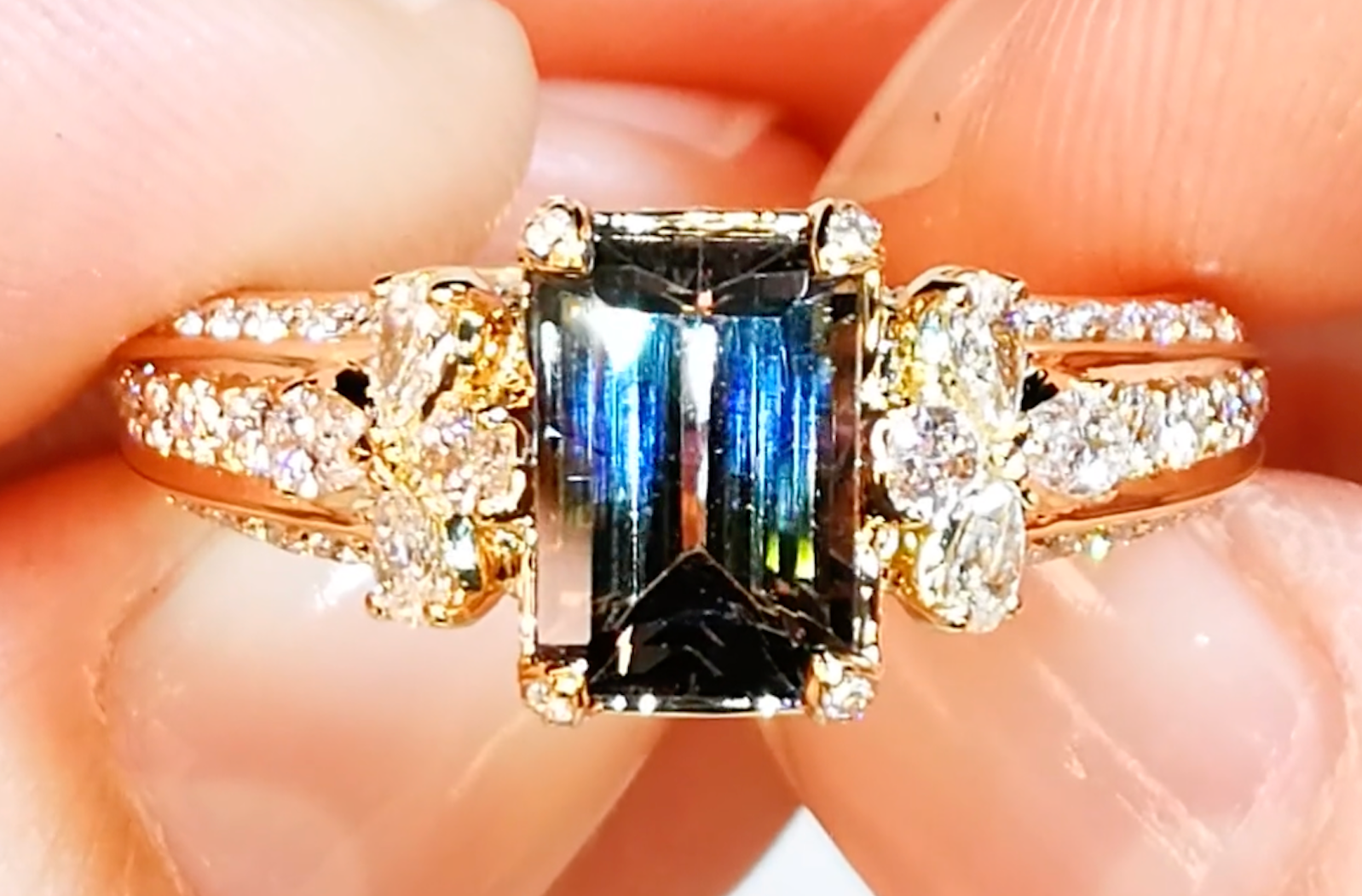2.02ct Bi Color Tanzanite Ring with D Flawless Diamonds set in 18K Yellow Gold