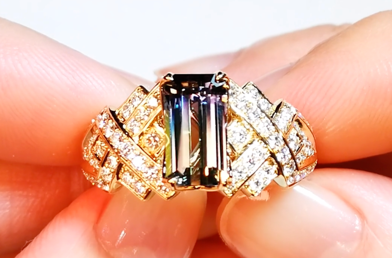 2.43ct Unheated Bi Color Tanzanite Ring with D Flawless Diamonds set in 18K Yellow Gold
