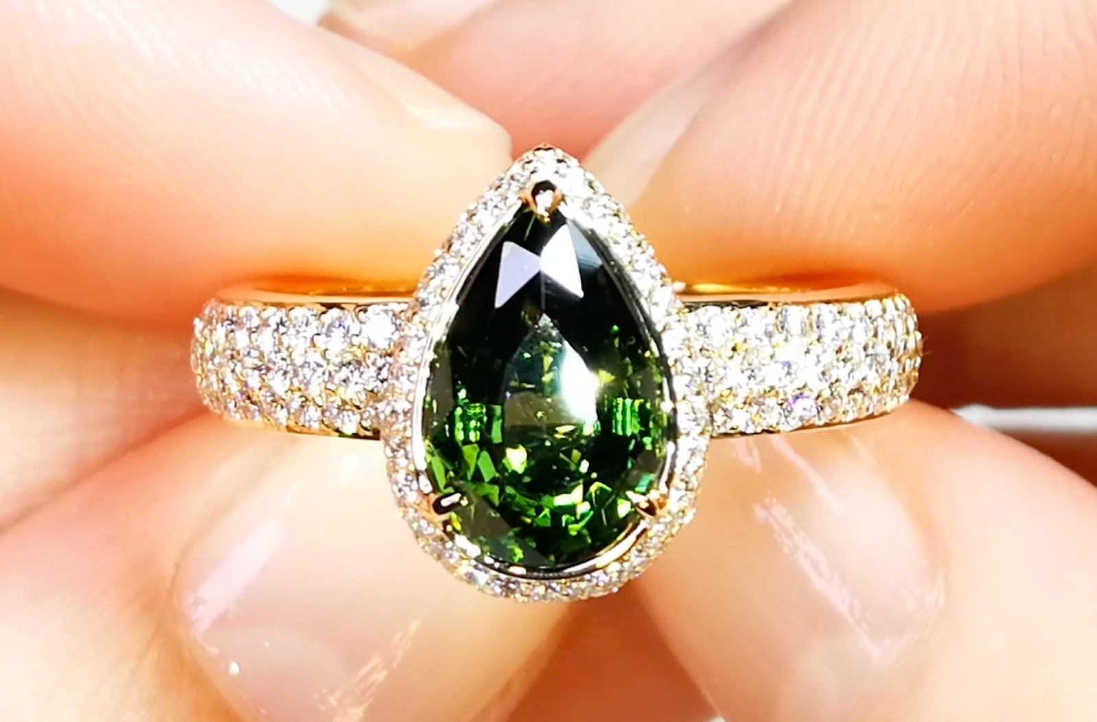 3.32ct Unheated Green Zircon Ring with D Flawless Diamonds set in 18K Yellow Gold