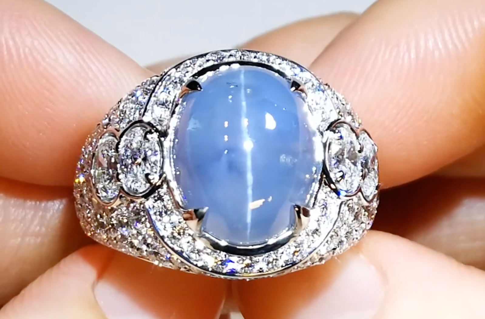12.80ct Unheated Ceylon Blue Cat's Eye Sapphire Ring with D Flawless Diamonds set in 18K White Gold