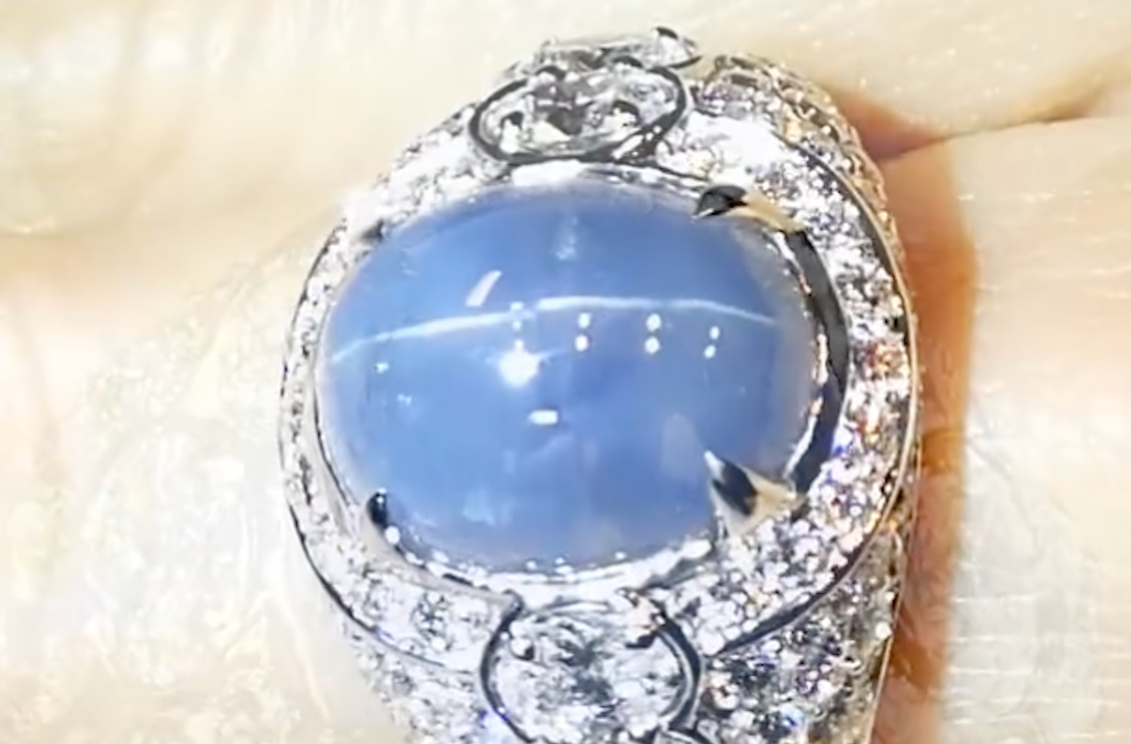 12.80ct Unheated Ceylon Blue Cat's Eye Sapphire Ring with D Flawless Diamonds set in 18K White Gold