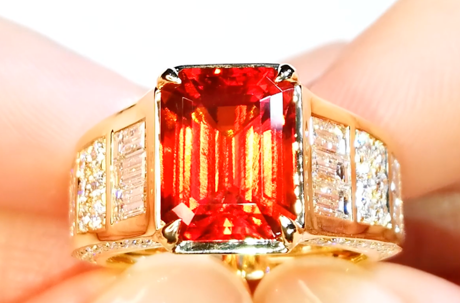 5.95ct Sweet Home Red Rhodochrosite Ring with D Flawless Diamonds set in 18K Yellow Gold