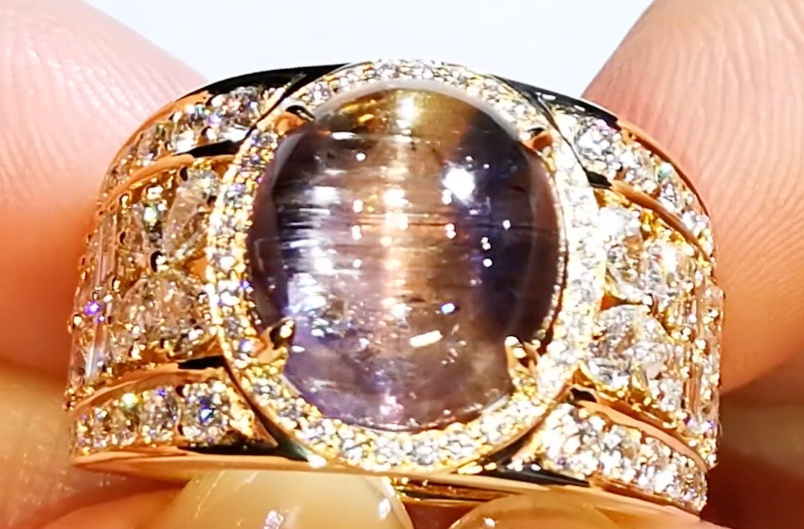 8.71ct Unheated Tri Color Tanzanite Cat’s Eye Ring with D Flawless Diamonds set in 18K Yellow Gold