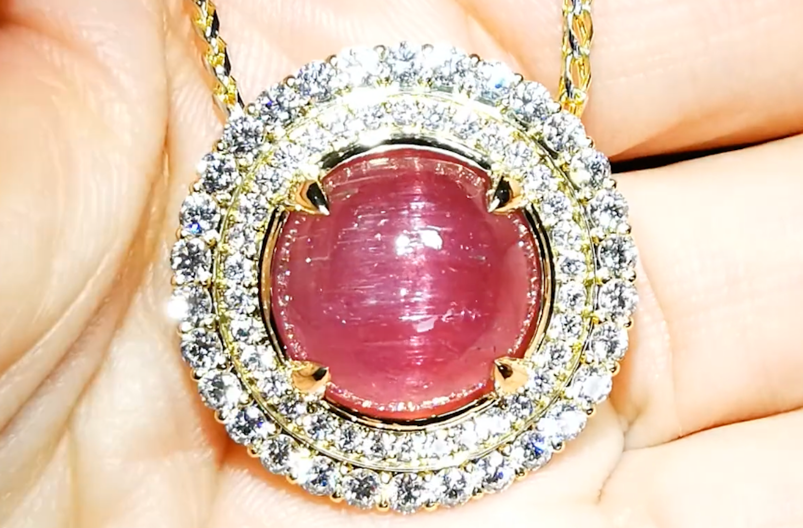 20.45ct Brazilian Cat's Eye Rubellite Necklace with D Flawless Diamonds set in 18K Yellow Gold