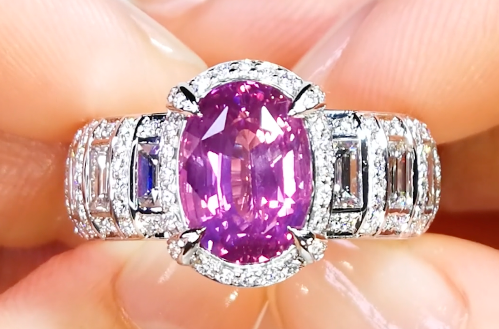 5.03ct Unheated Vivid Ceylon Pink Sapphire Ring with D Flawless Diamonds set in 18K White Gold