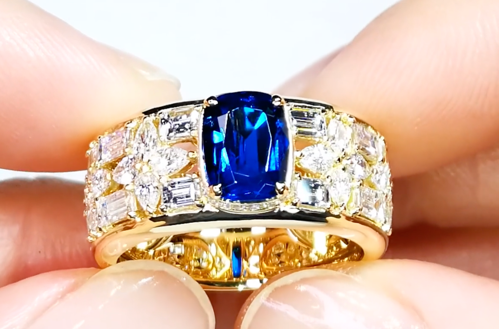 1.12ct Neon Blue Vibrant German Hauyne Ring with D Flawless Diamonds set in 18K Yellow Gold