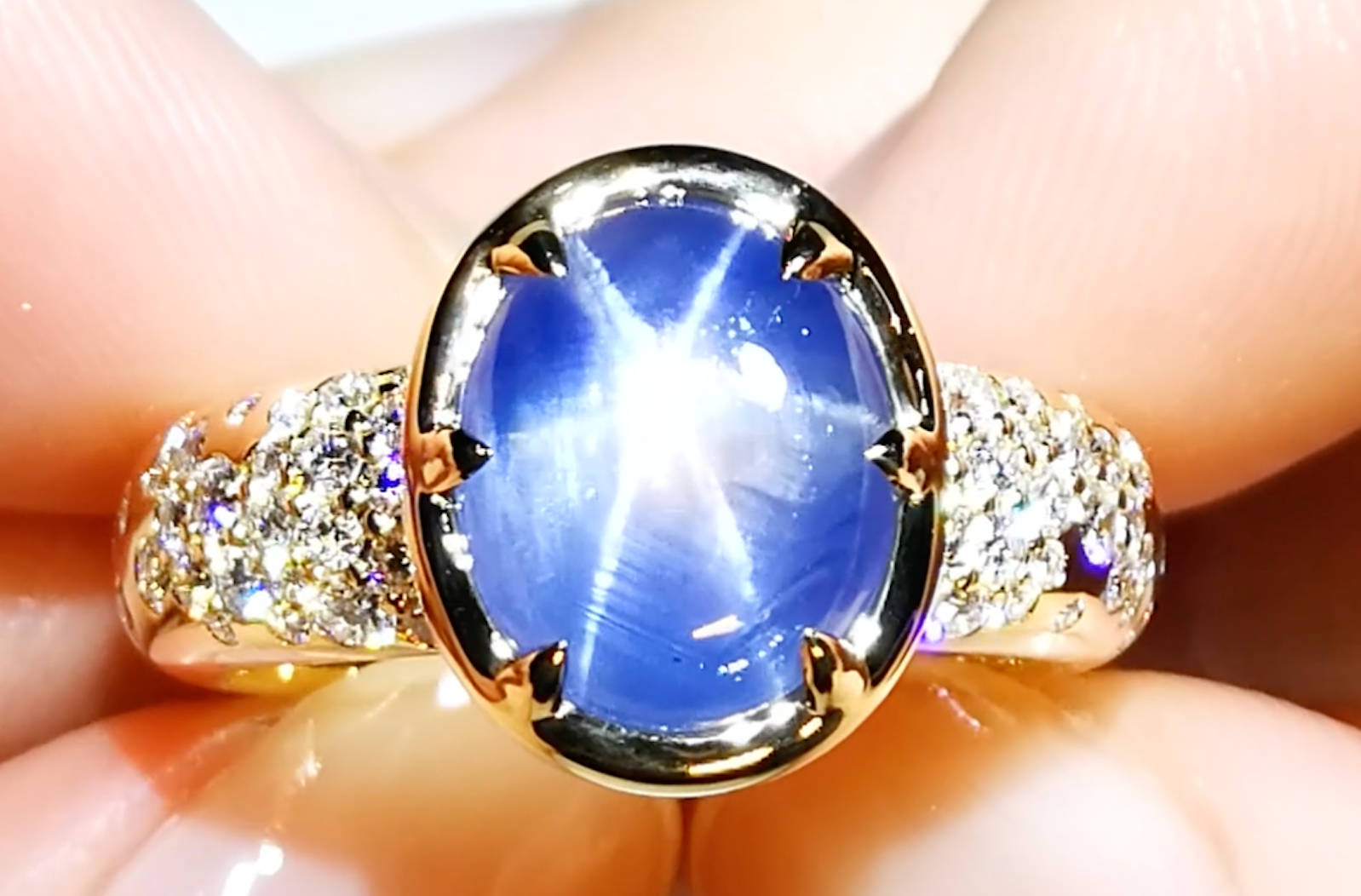7.68ct Unheated Ceylon Blue Star Sapphire Ring with D Flawless Diamonds set in 18K Yellow Gold