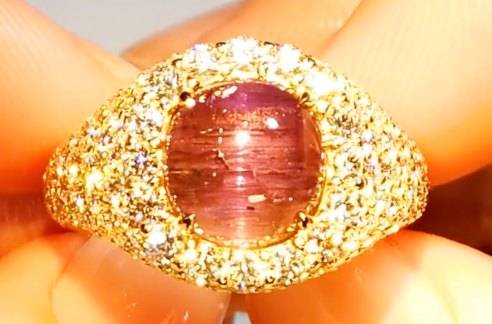 4.14ct Pink Cat’s Eye Tanzanite Ring with D Flawless Diamonds set in 18K Yellow Gold