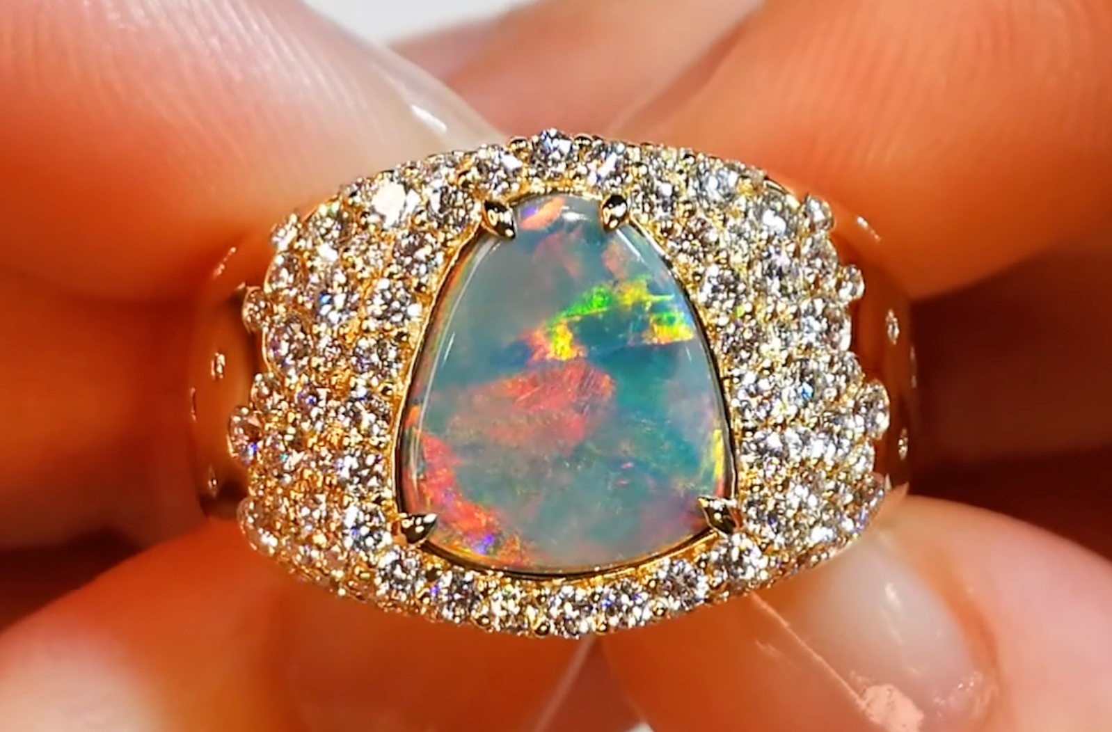 1.19ct Lightning Ridge Black Opal Ring with D Flawless Diamonds set in 18K Yellow Gold