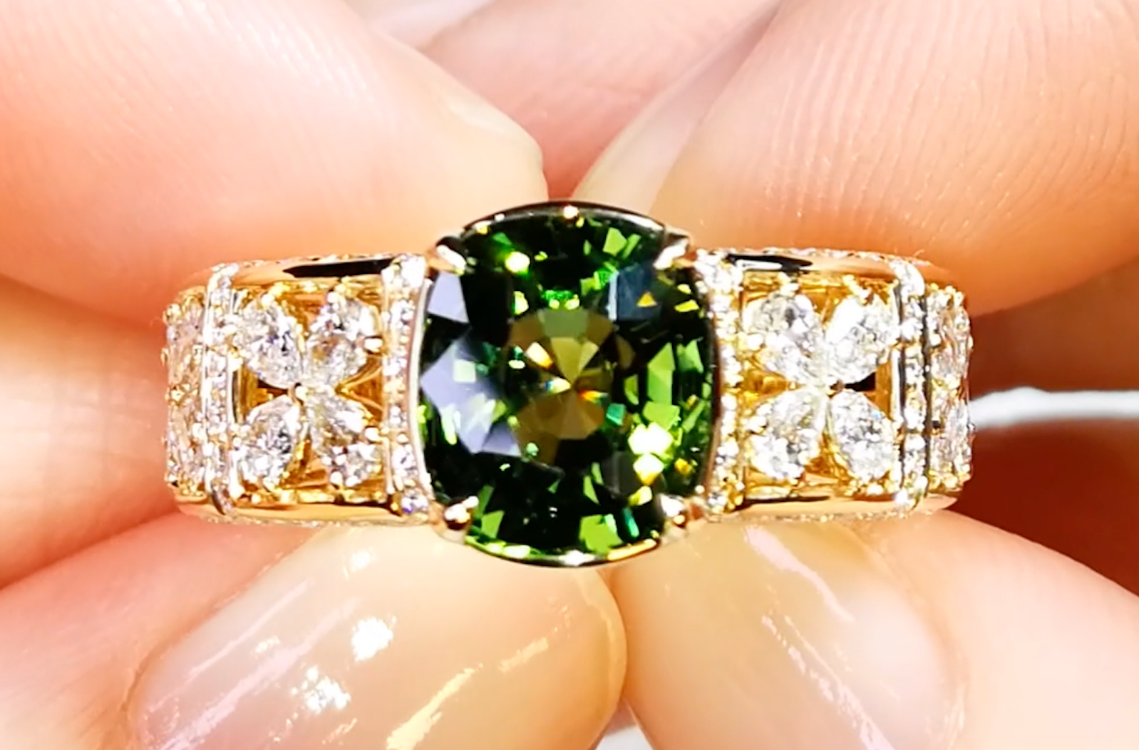 3.42ct Unheated Green Zircon Ring with D Flawless Diamonds set in 18K Yellow Gold