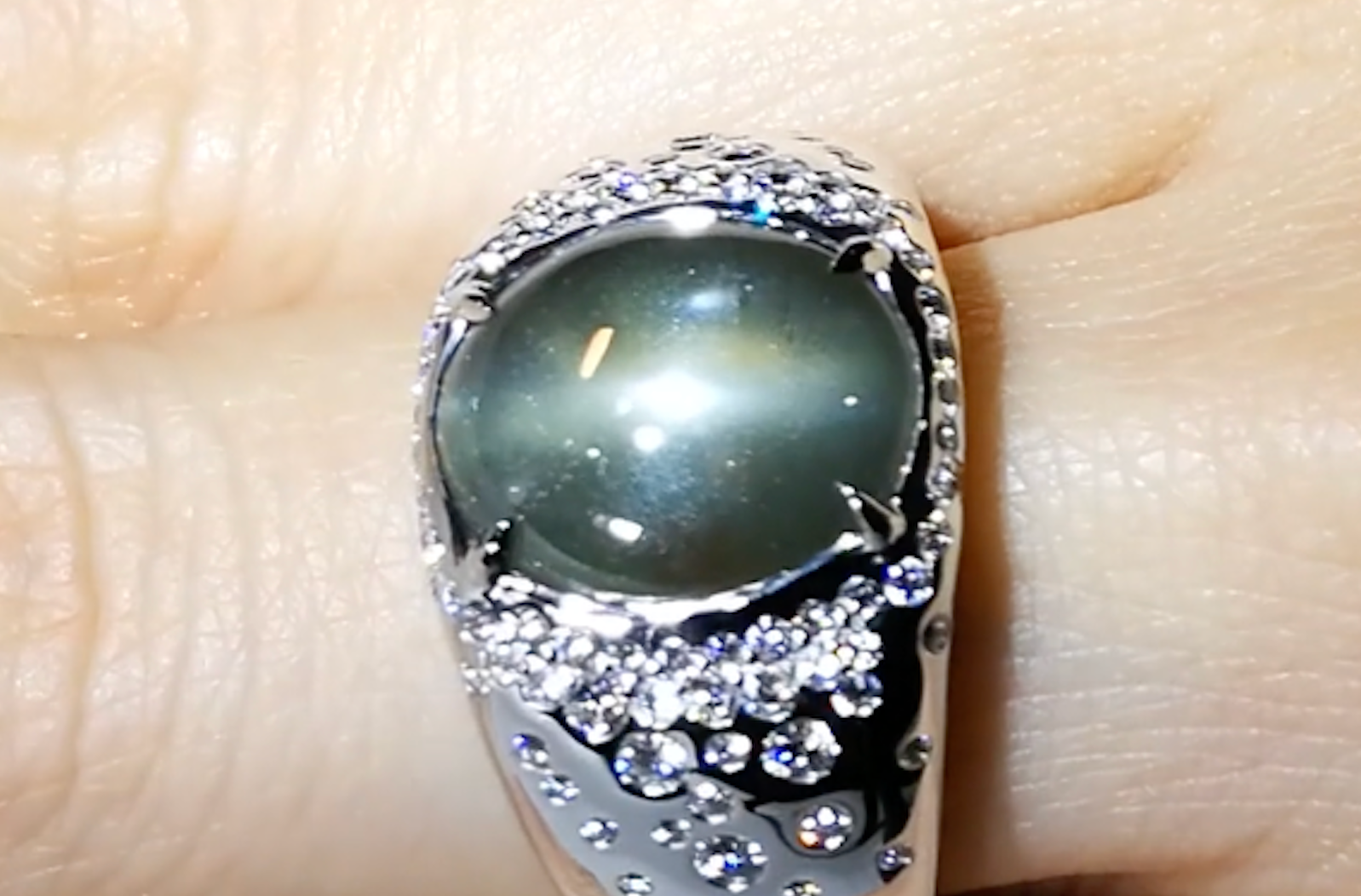 9.89ct Burmese Unheated Cat's Eye Zircon Ring with D Flawless Diamonds set in 18K White Gold