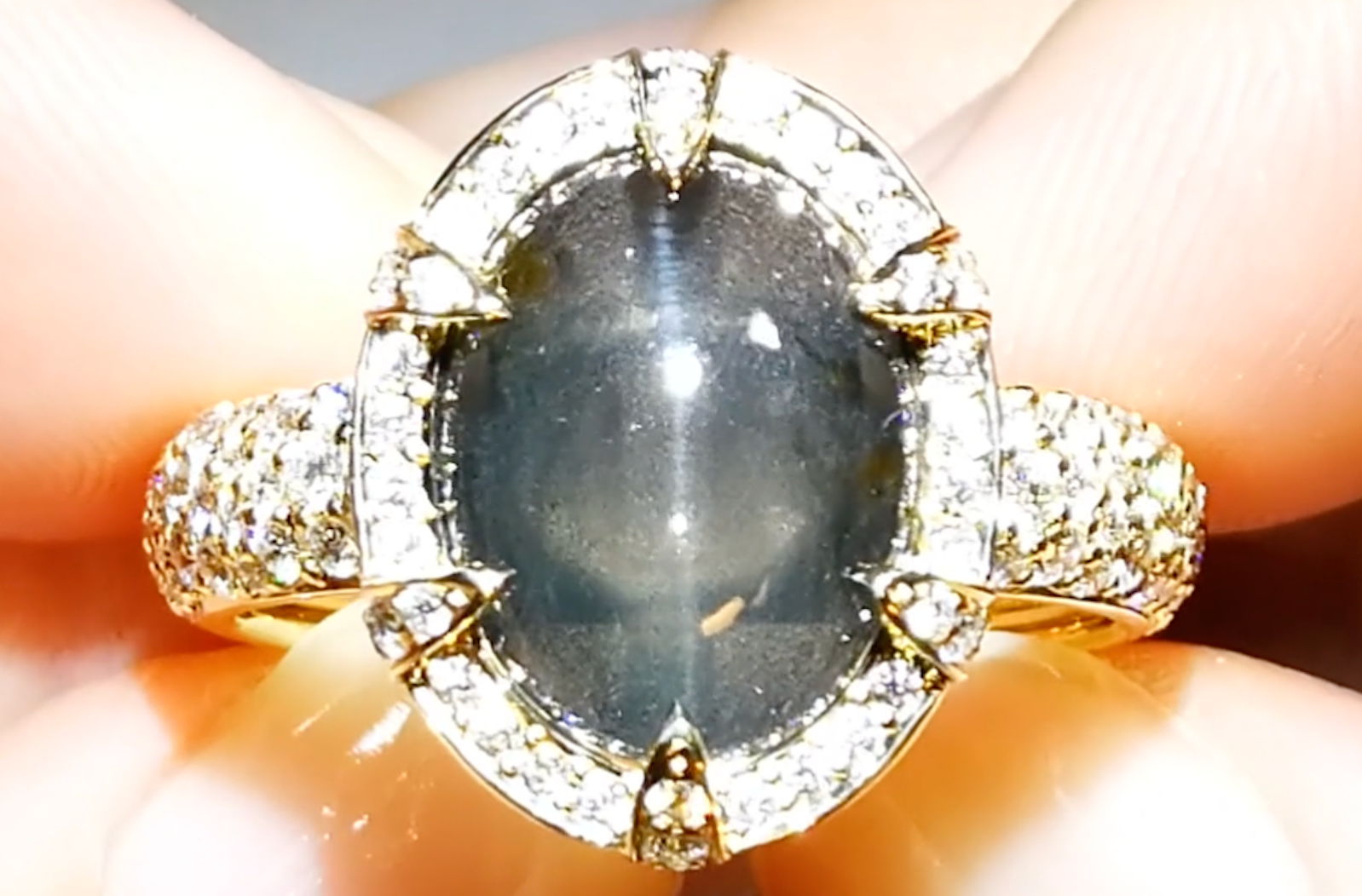 5.55ct Ceylon Cat’s Eye Spinel Ring with D Flawless Diamonds set in 18K Yellow Gold