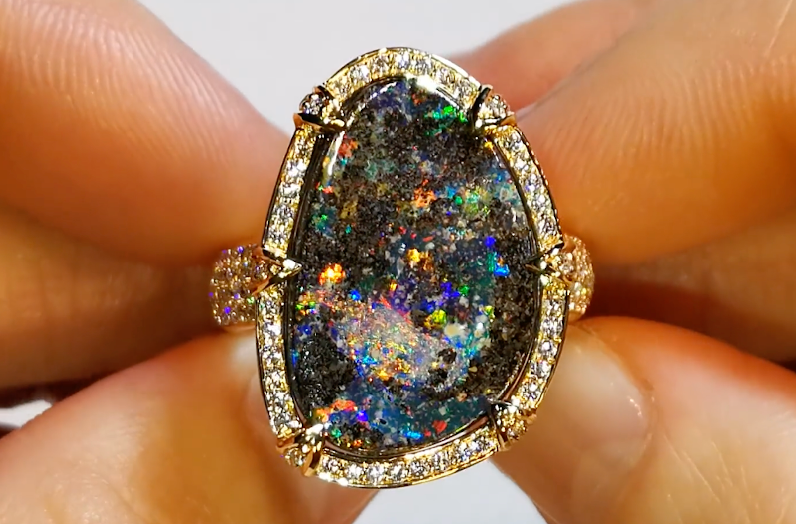 9.81ct Lightning Ridge Black Boulder Opal Ring with D Flawless Diamonds set in 18K Yellow Gold