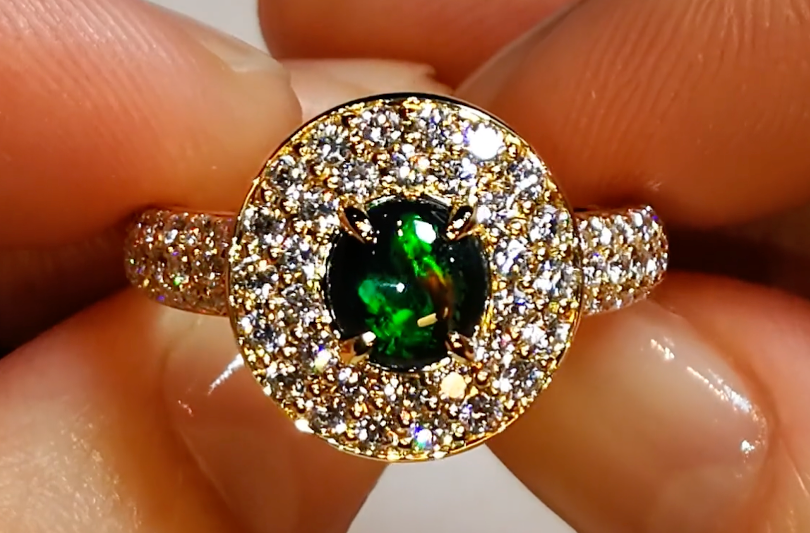 0.95ct Lightning Ridge Black Opal Ring with D Flawless Diamonds set in 18K Yellow Gold