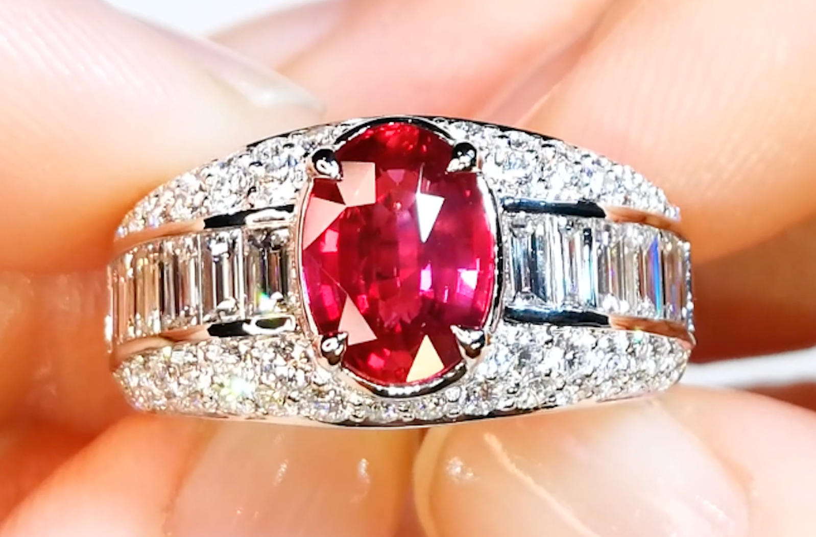 2.53ct Unheated Jedi Ruby Ring with D Flawless Diamonds set in 18K White Gold