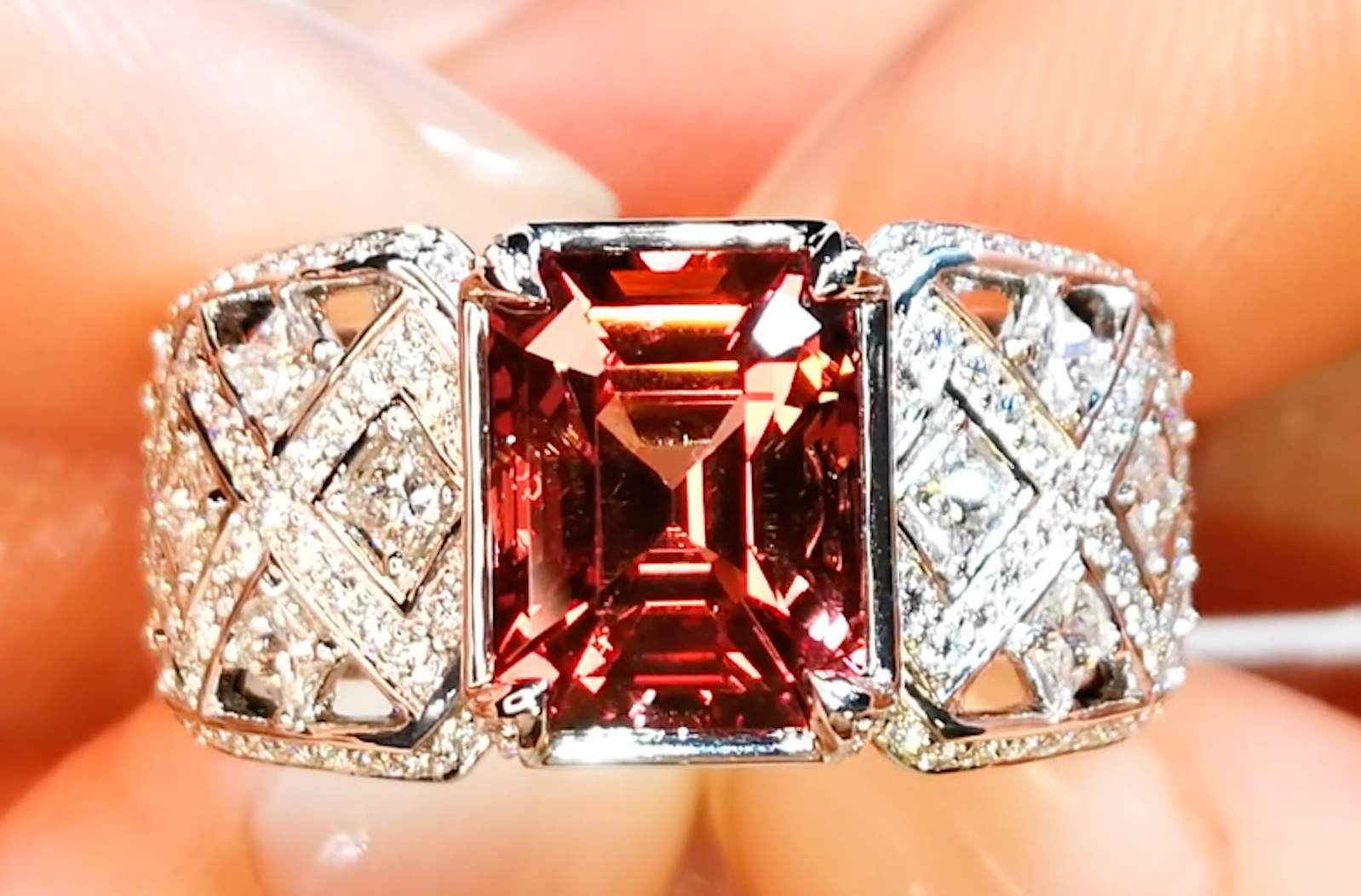 4.00ct Vibrant Padparadscha Malaya Garnet Ring with D Flawless Diamonds set in 18K White Gold
