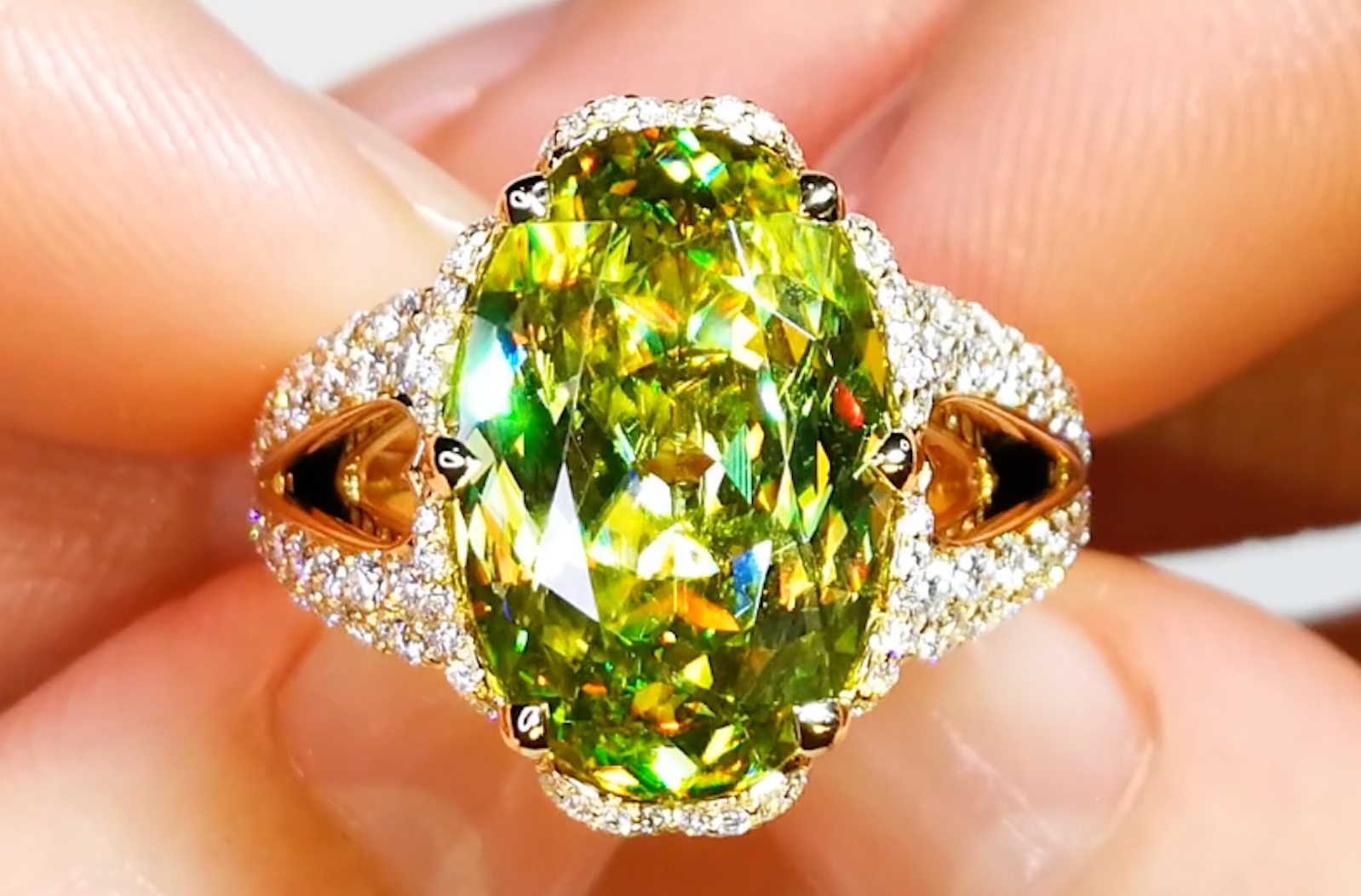 7.27ct Russian Sphene Ring with D Flawless Diamonds set in 18K Yellow Gold