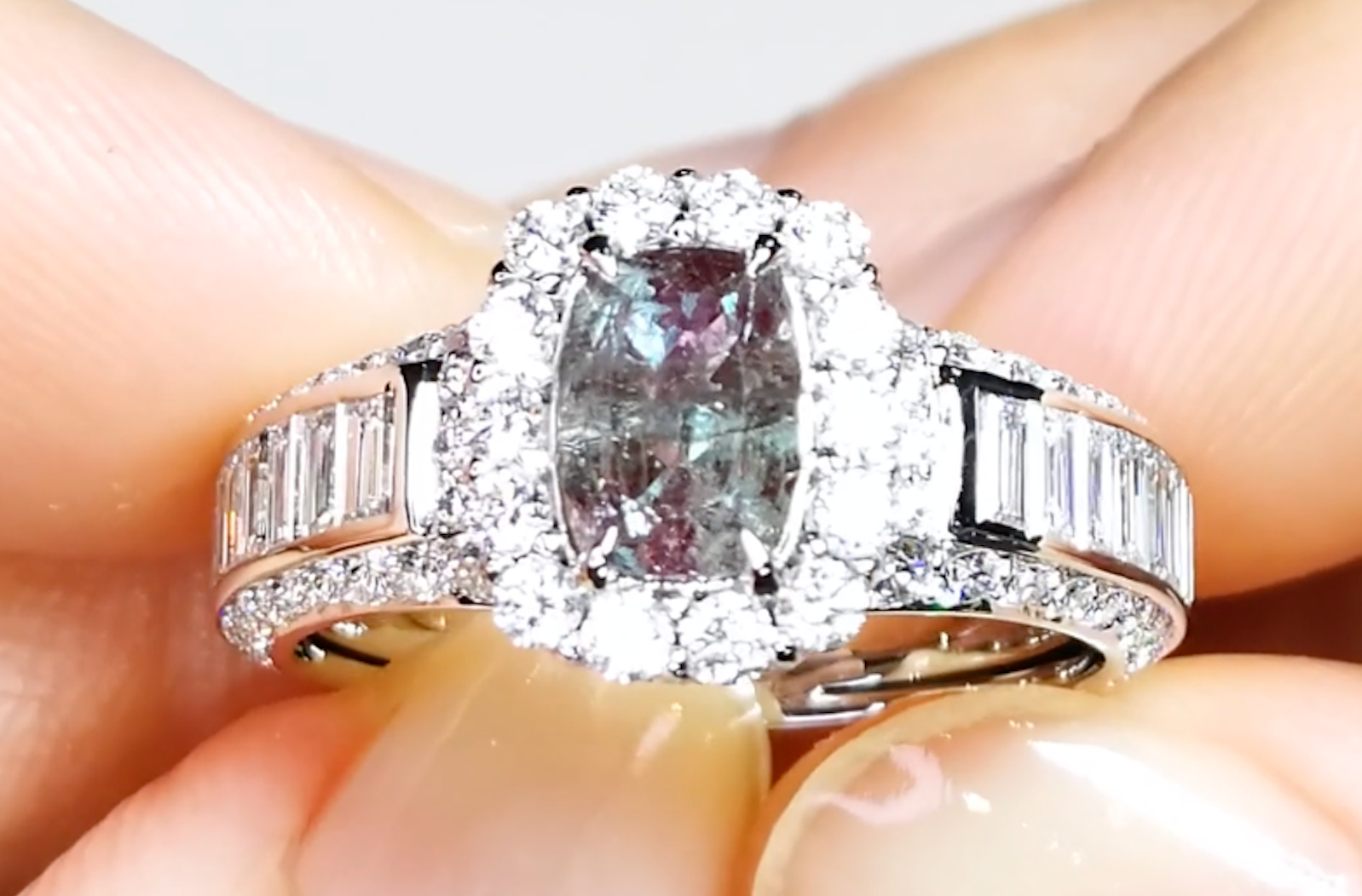 1.41ct Antique 100% Change Russian Alexandrite Ring with D Flawless Diamonds set in 18K White Gold