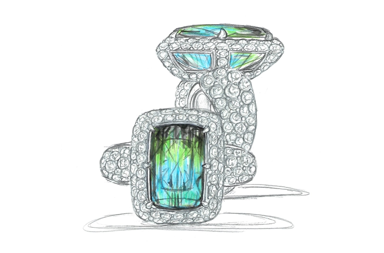 8.36ct Afghan Bi Colour Neon Indicolite Ring with D Flawless Diamonds set in 18K Yellow Gold