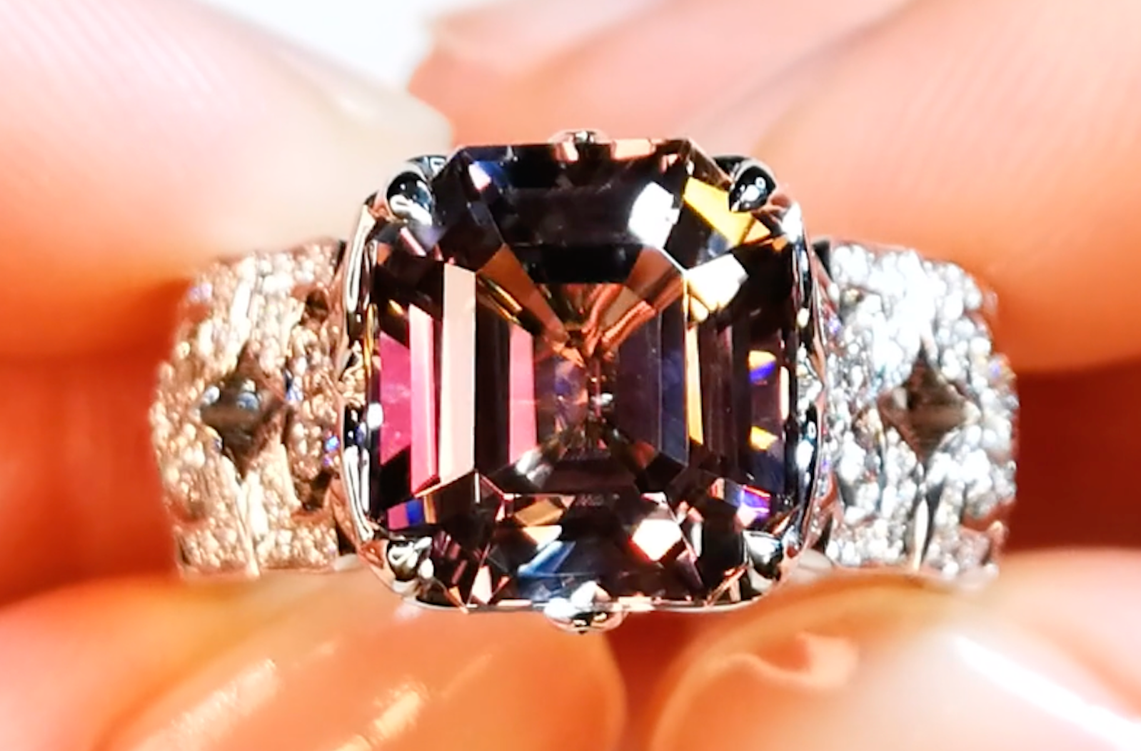 6.99ct Pink Tanzanite Ring with D Flawless Diamonds set in 18K White Gold