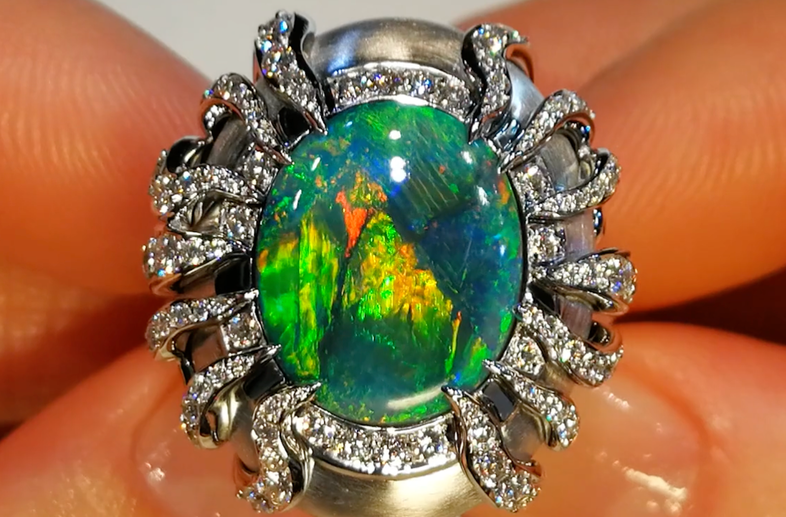 6.71ct Harlequin Lightning Ridge Black Opal Ring with D Flawless Diamonds set in 18K White Gold