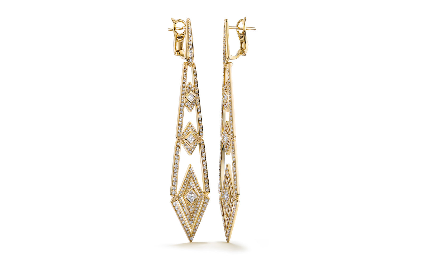 Deco Drops 1.66ct D Flawless Diamond Earrings set in 18K Yellow Gold