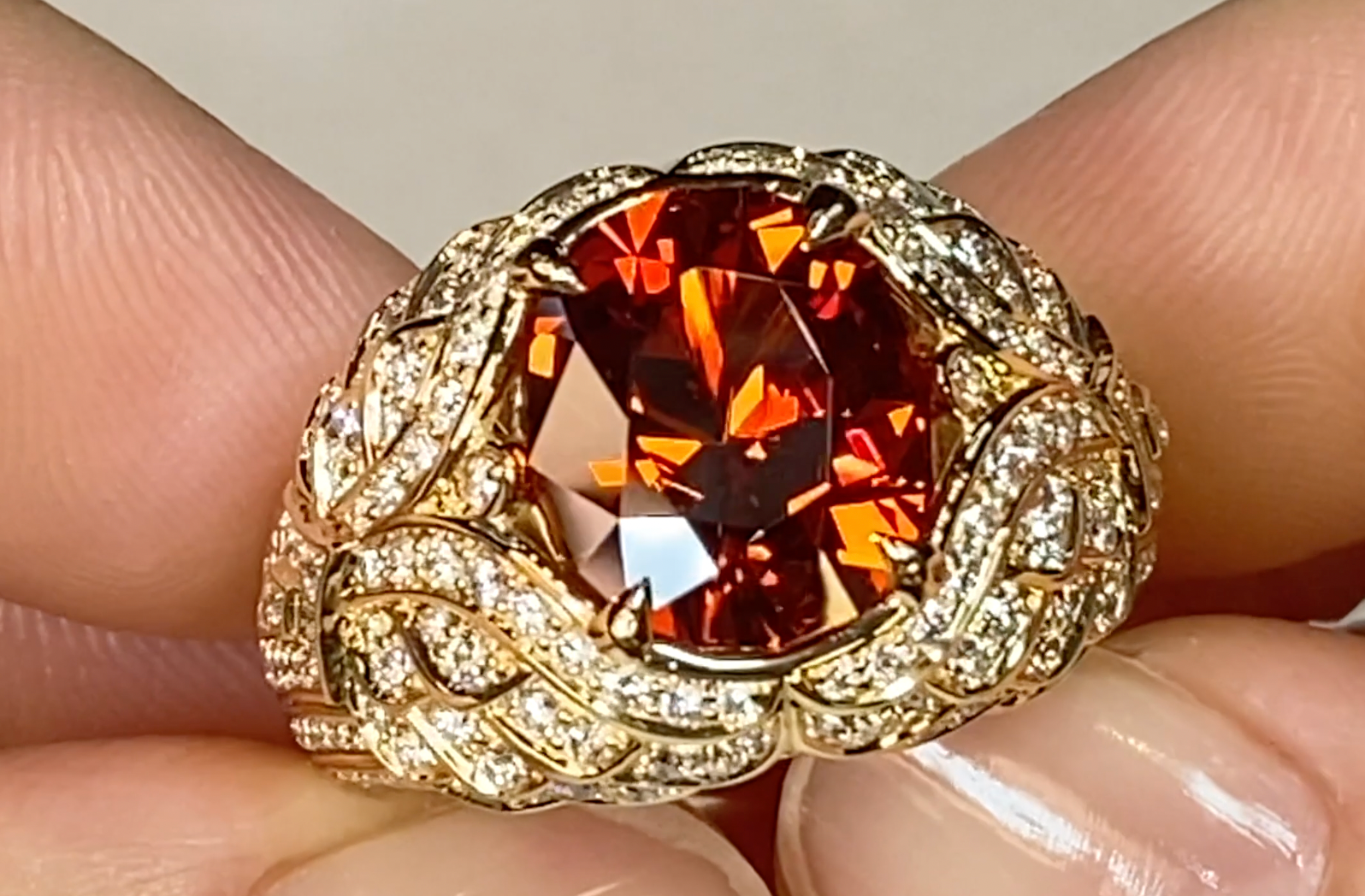 5.66ct Mandarin Garnet Ring with D Flawless Diamonds set in 18K Yellow Gold