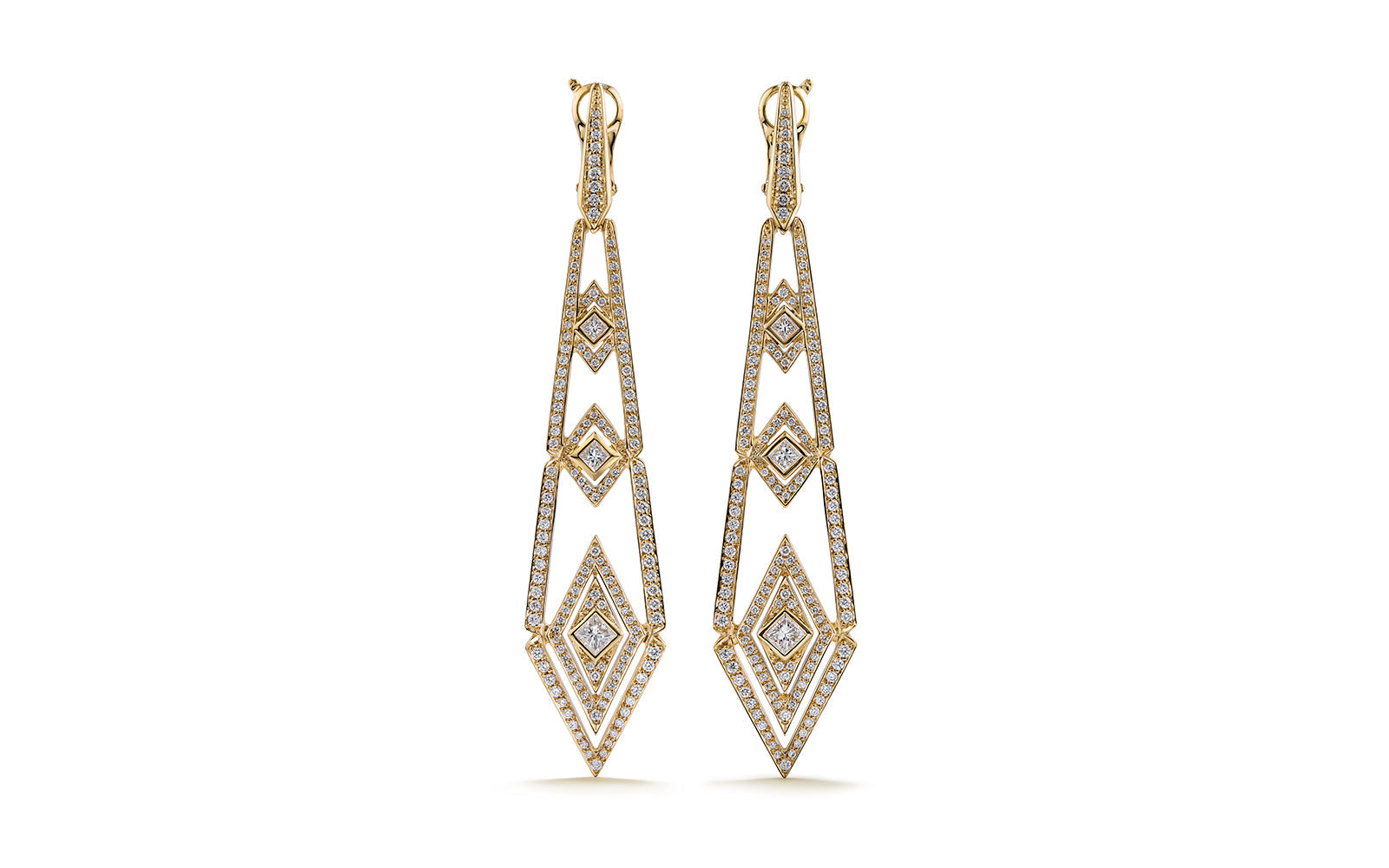 Deco Drops 1.66ct D Flawless Diamond Earrings set in 18K Yellow Gold